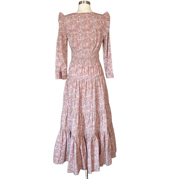 LOVESHACKFANCY Lyna Maxi Dress Tan Garden Cotton Ruffle Floral Pink S 4-6 Sample - Picture 13 of 14